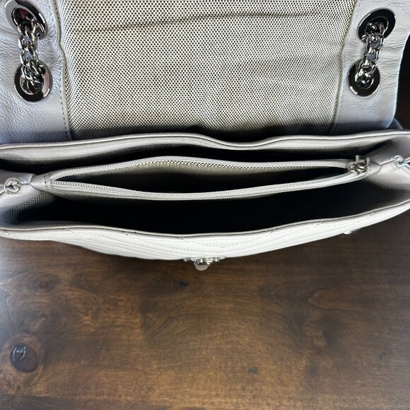 Share Rebecca Minkoff Edie Grey Quilted Leather Flap Shoulder Bag with Silver Ha - Picture 12 of 15